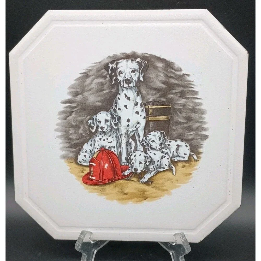 Vtg Linda Picken Dalmatian Tile Trivet Mother Puppies Fire Helmet Boots